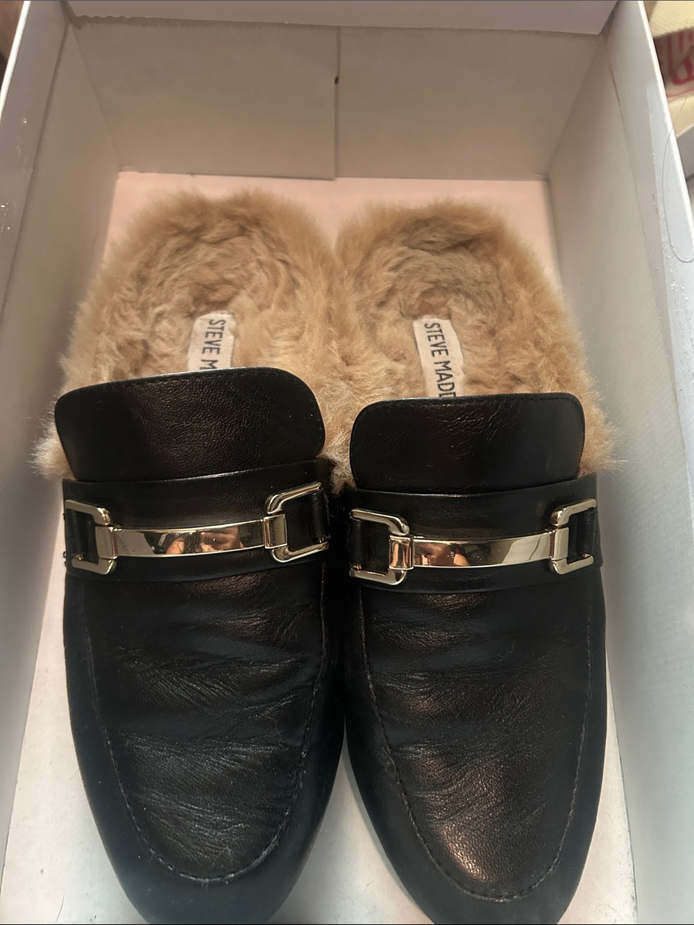 Steve Madden Black Faux Leather Mules with Tan Faux-Fur Lining